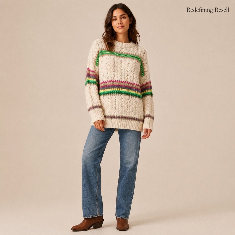 American Eagle Cream Cable Knit Fair Isle Striped Oversized Sweater Women Medium